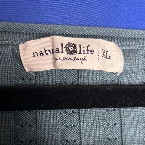 Natural Life Teal Love Flower Ribbed Cropped Cable Knit Crewneck Sweater Boho XL - Picture 8 of 9